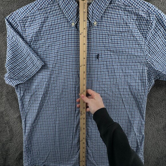 Barbour Short Sleeve Button Up Shirt Blue Check Tailored Fit Large US W/ Logo - Picture 3 of 10